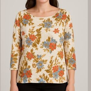 CONTEMPORAINE for Simons 100% linen floral top 3/4 sleeves boatneck size large